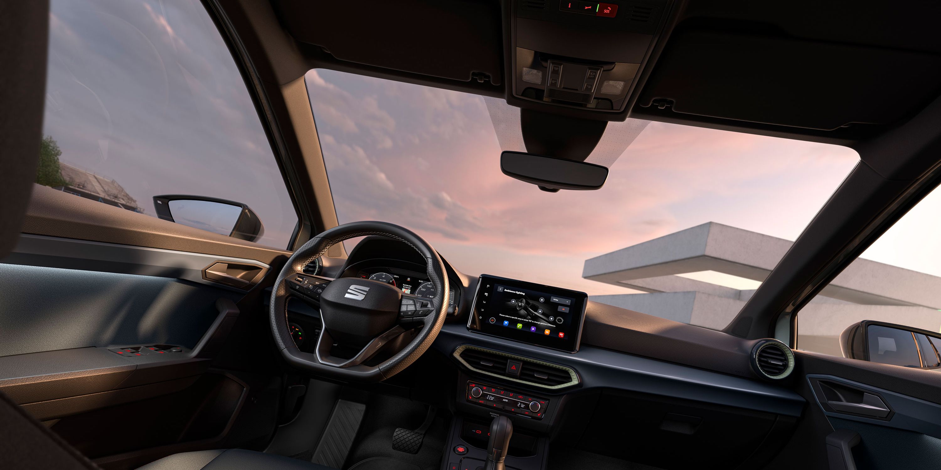 Innenansicht des SEAT Arona mit Design-Details wie Lenkrad, Armaturenbrett und Polsterung